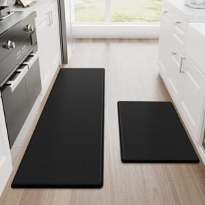 steprite kitchen mats, 2pcs kitchen rugs, cushioned anti fatigue kitchen mats for floor, non slip standing desk mat, waterproof kitchen rug set for kitchen, floor, office, 17.3"x30"+17.3"x47", black